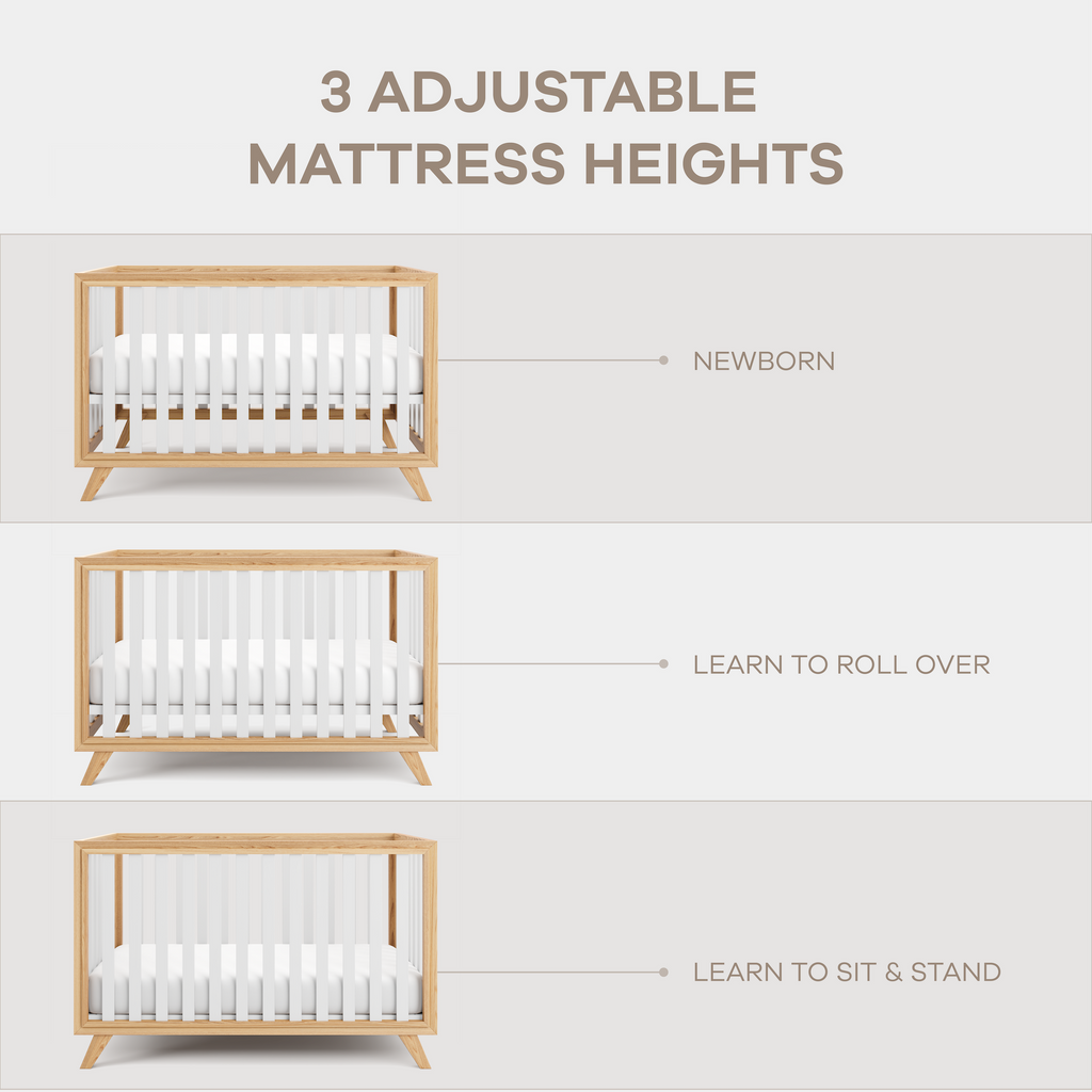 Baby Crib For 0 To 3 Years - White Bars And Natural Wood Frame And Legs