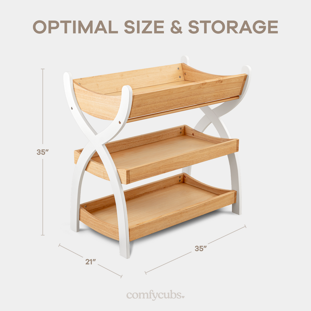 Baby Changing Table By Comfy Cubs - Natural Wood With White Legs
