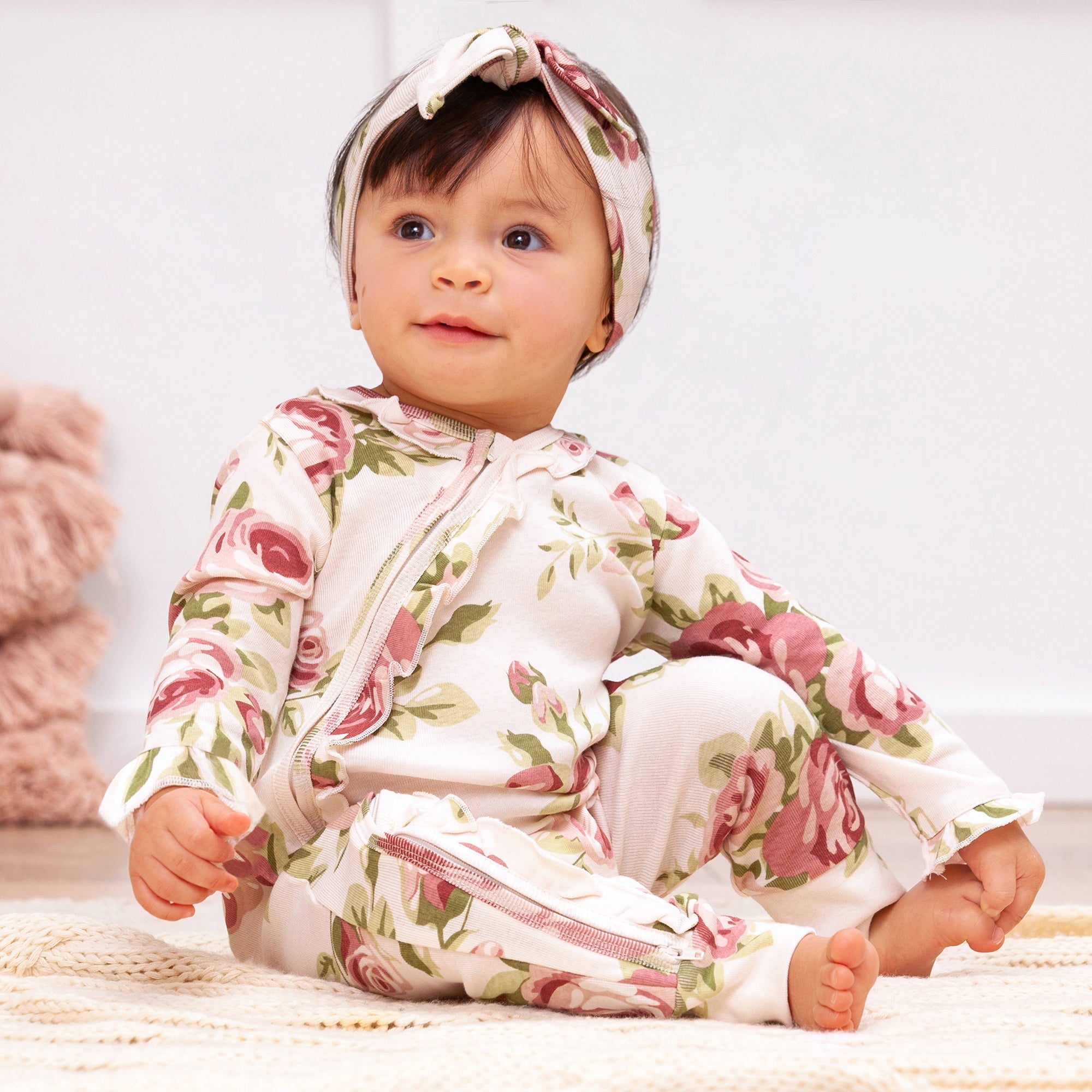 Baby Girl's Floral Rose Cotton Zippered Romper