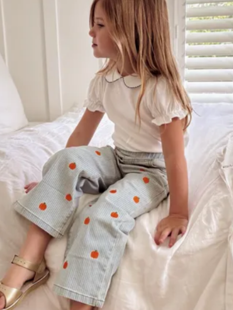 Halloween Thanksgiving Pumpkin Embroidered Girls Flare Pants