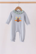 Sage turkey embroidery ruffle stripe romper