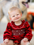 Christmas Velvet Smocked Baby Bubble Romper With Pearl Detail