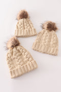 Beige pompom  cable beanie hat