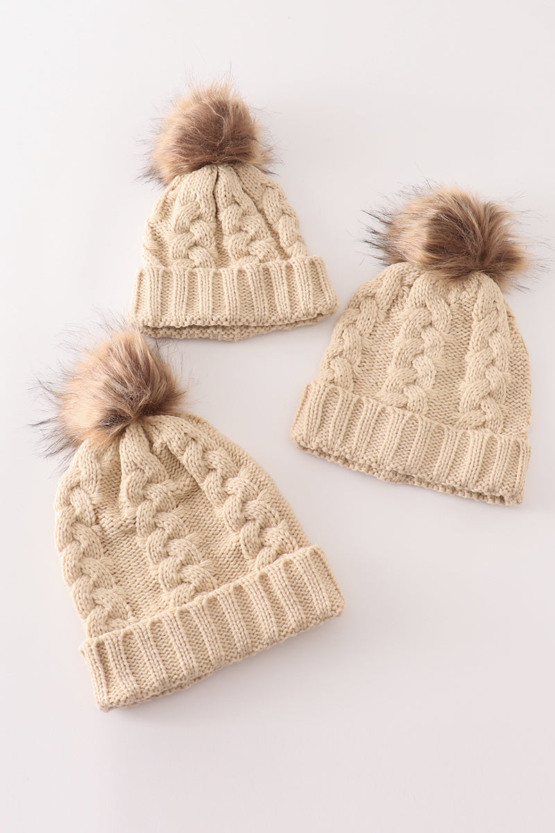 Beige pompom  cable beanie hat