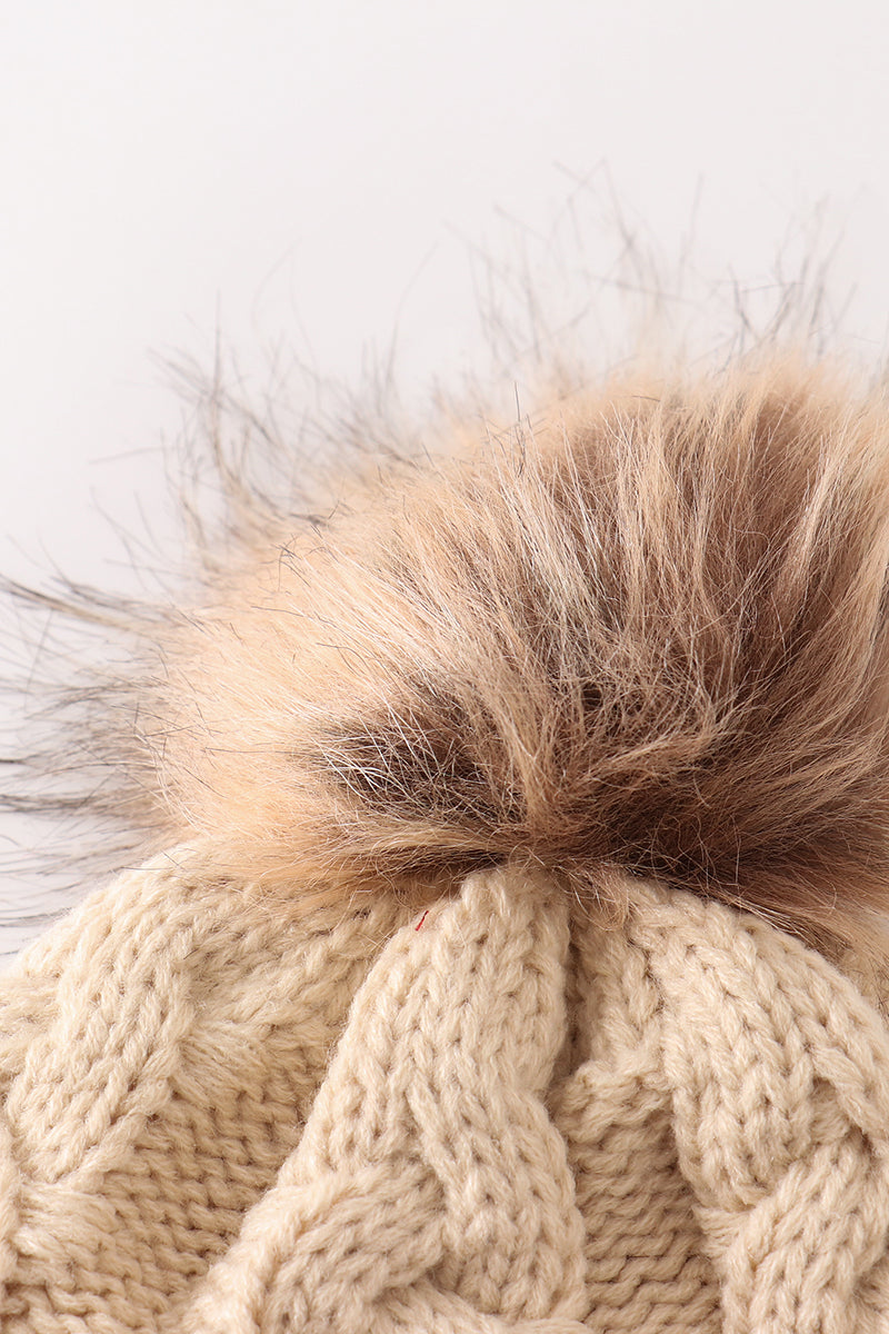 Beige pompom  cable beanie hat