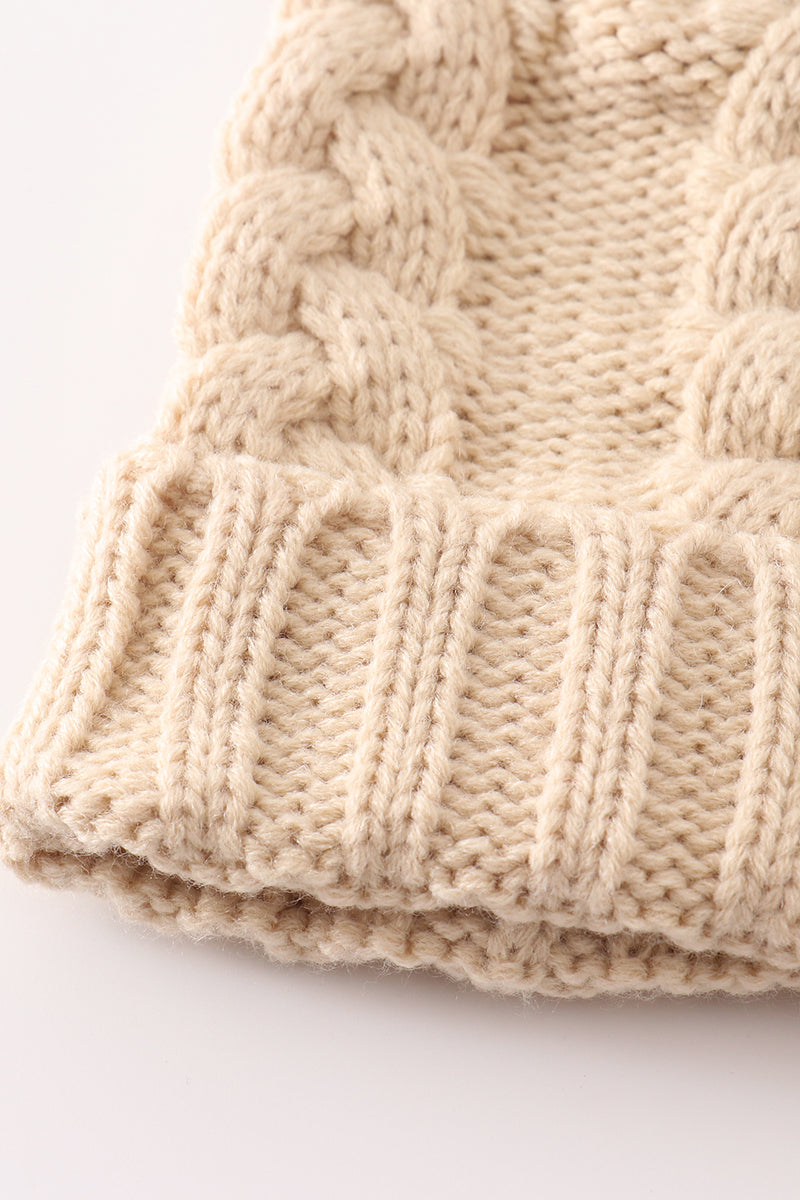 Beige pompom  cable beanie hat