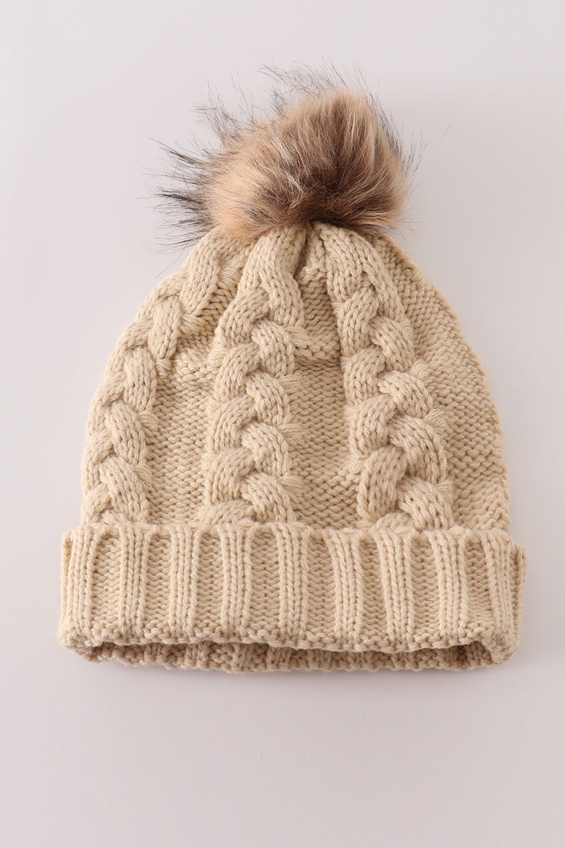 Beige pompom  cable beanie hat