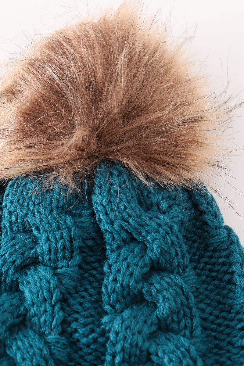 Teal pompom cable beanie hat