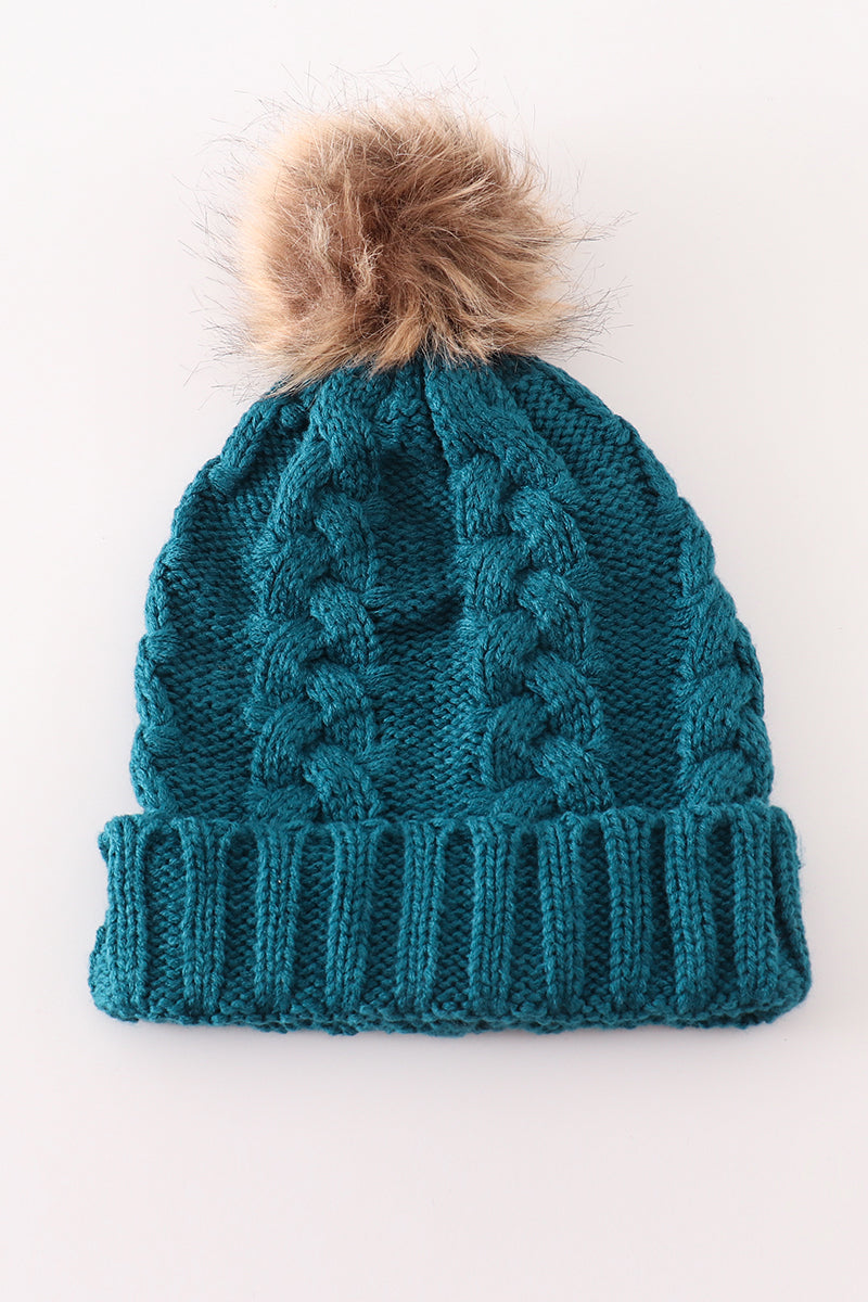 Teal pompom cable beanie hat