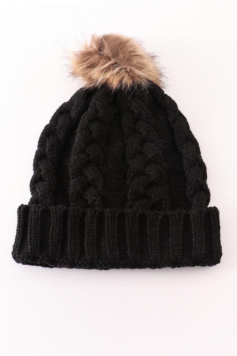 Black pompom cable beanie hat