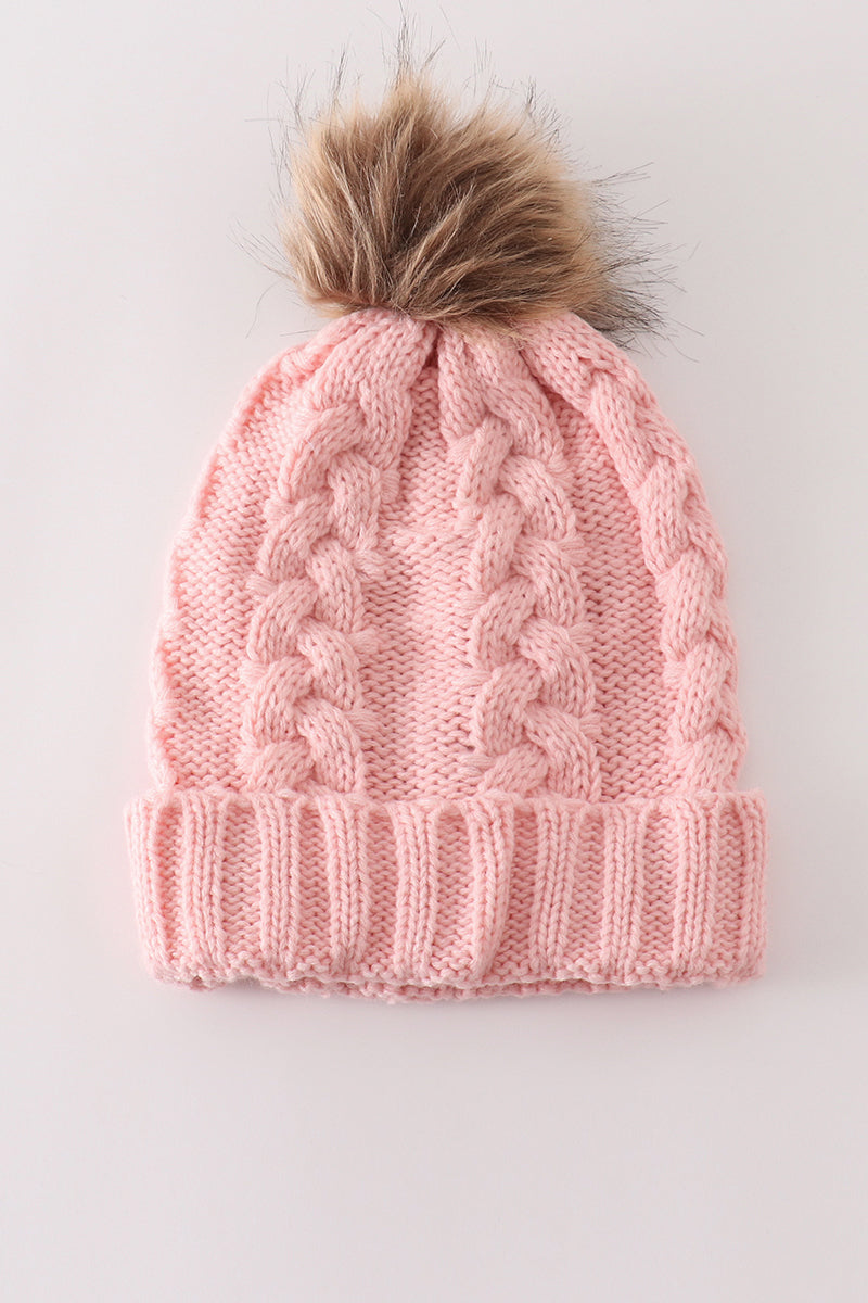 Pink pompom cable beanie hat
