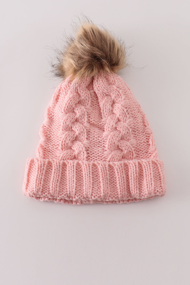 Pink pompom cable beanie hat