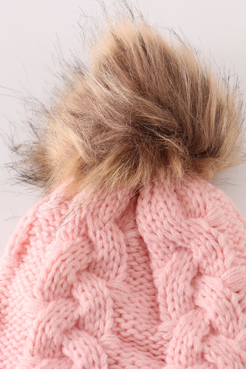 Pink pompom cable beanie hat