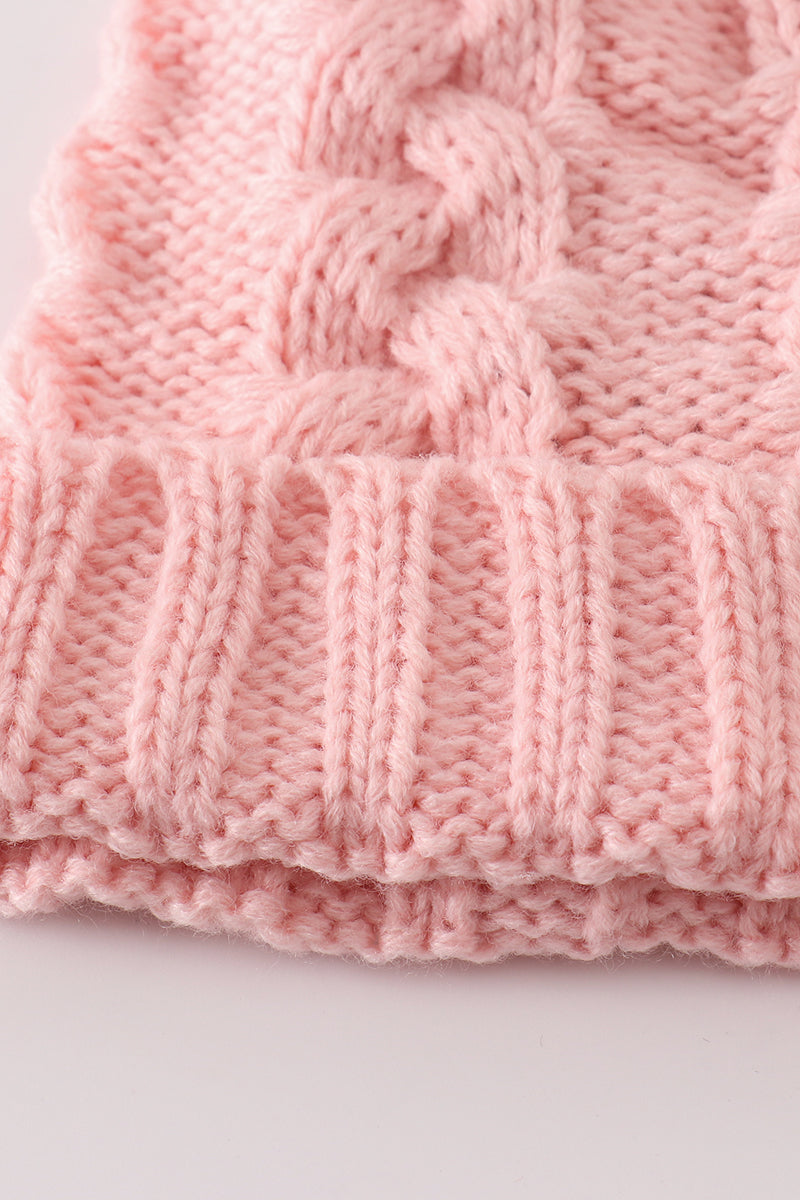 Pink pompom cable beanie hat