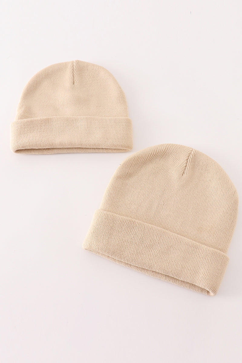 Beige ribbed basic knit beanie hat