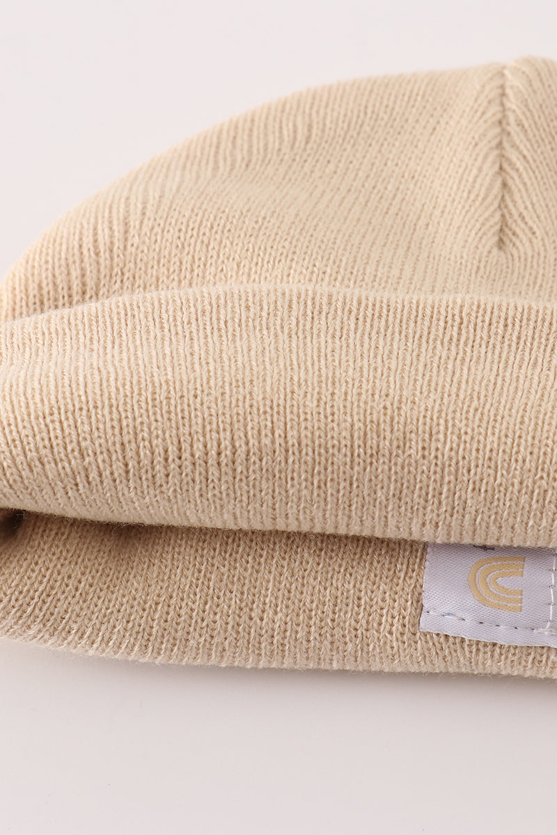 Beige ribbed basic knit beanie hat