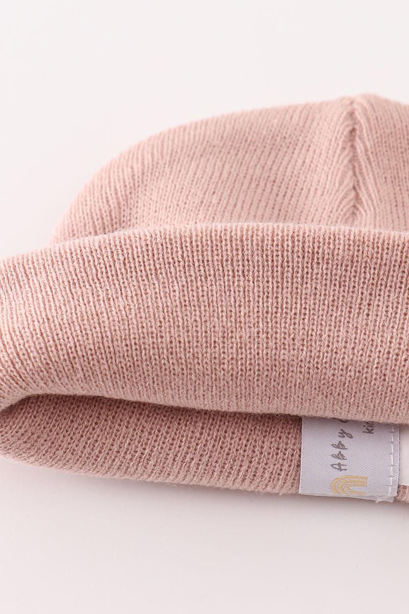 Pink ribbed basic knit beanie hat