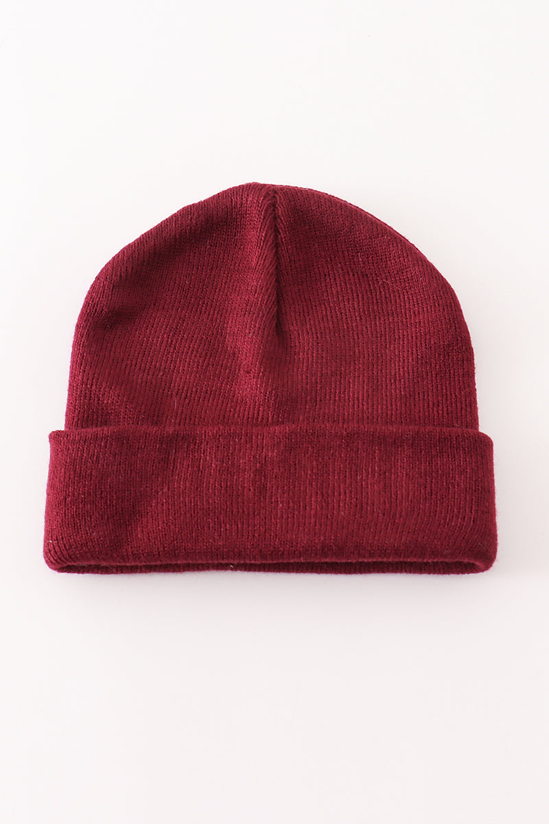 Burgundy ribbed basic knit beanie hat