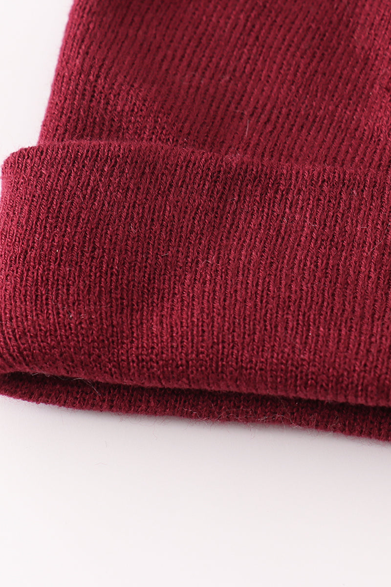 Burgundy ribbed basic knit beanie hat