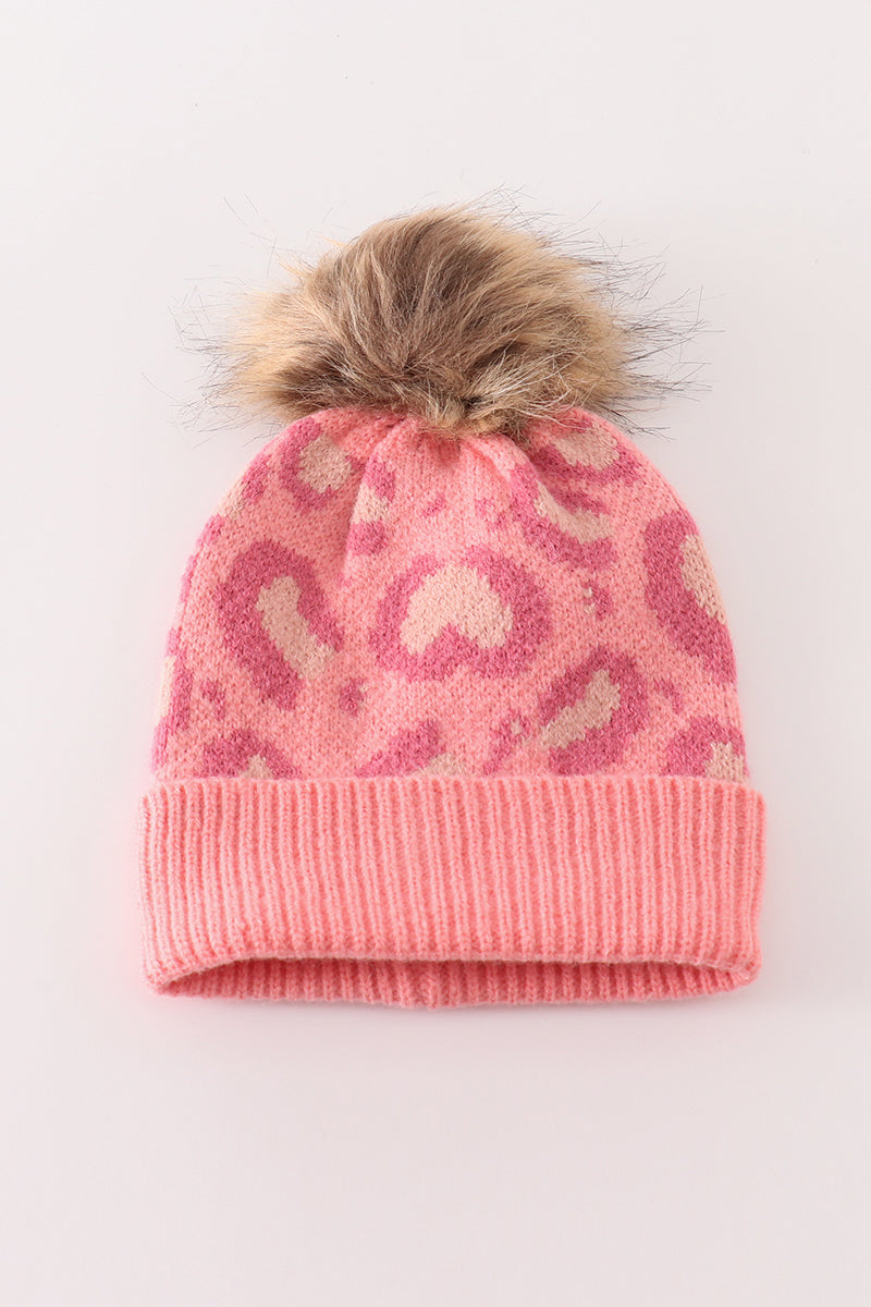 Pink pompom leopard cable beanie hat