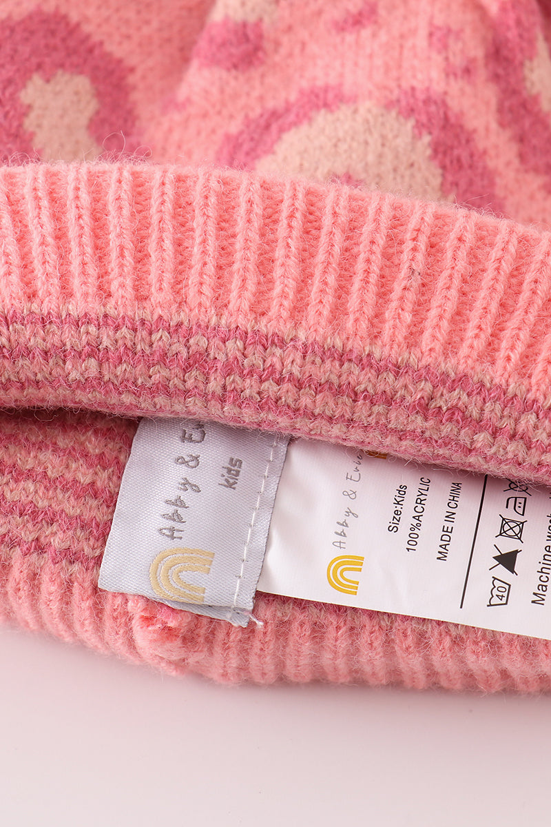 Pink pompom leopard cable beanie hat