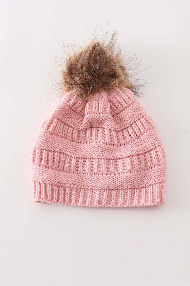 Pink pompom cable beanie hat