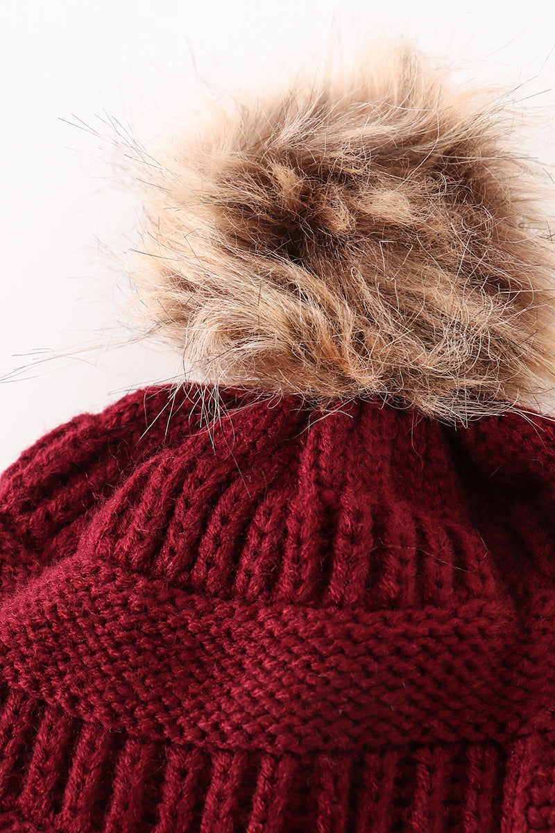 Burgundy pompom cable beanie hat
