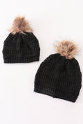 Black pompom cable beanie hat