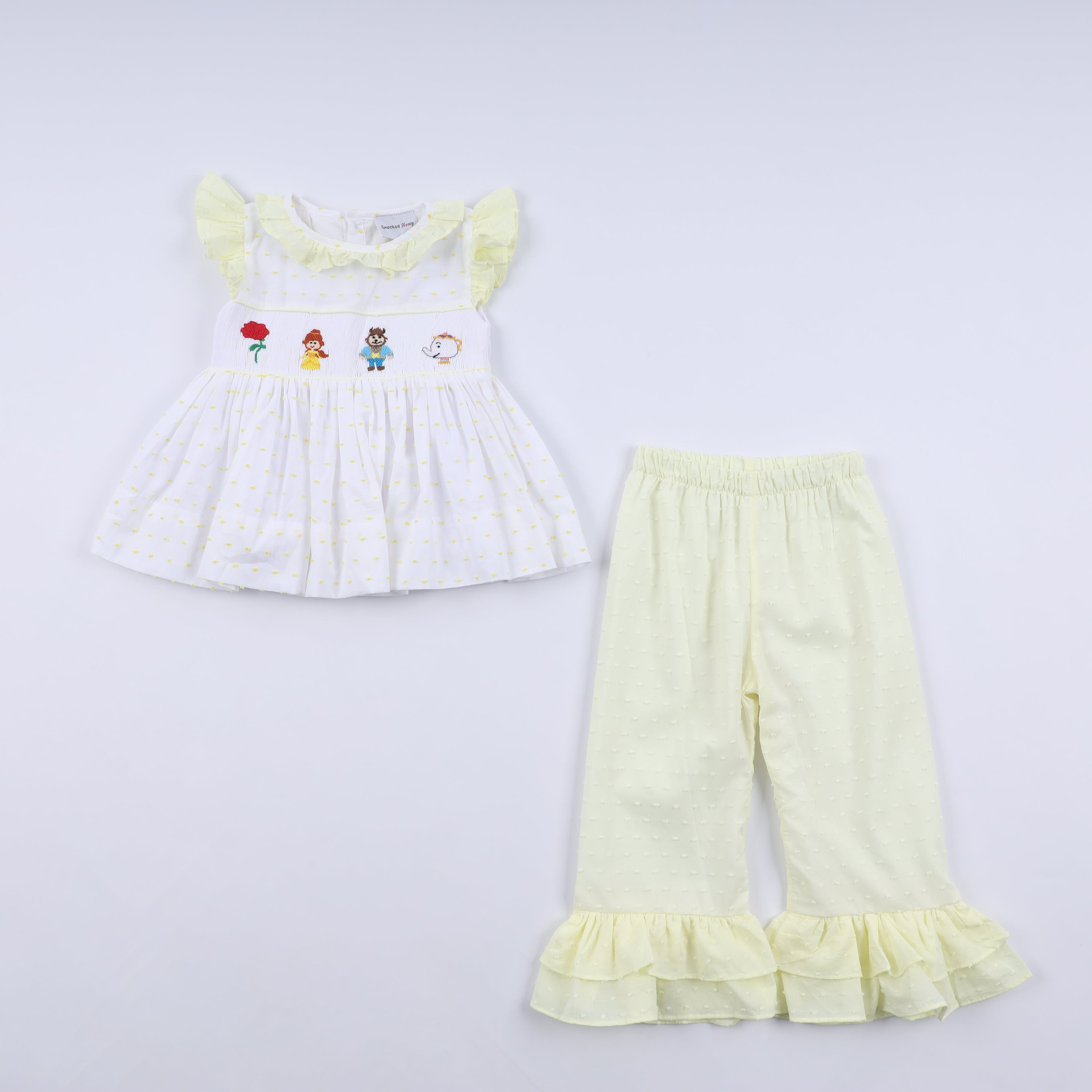 Mustard character hand smocked ruffle pants set