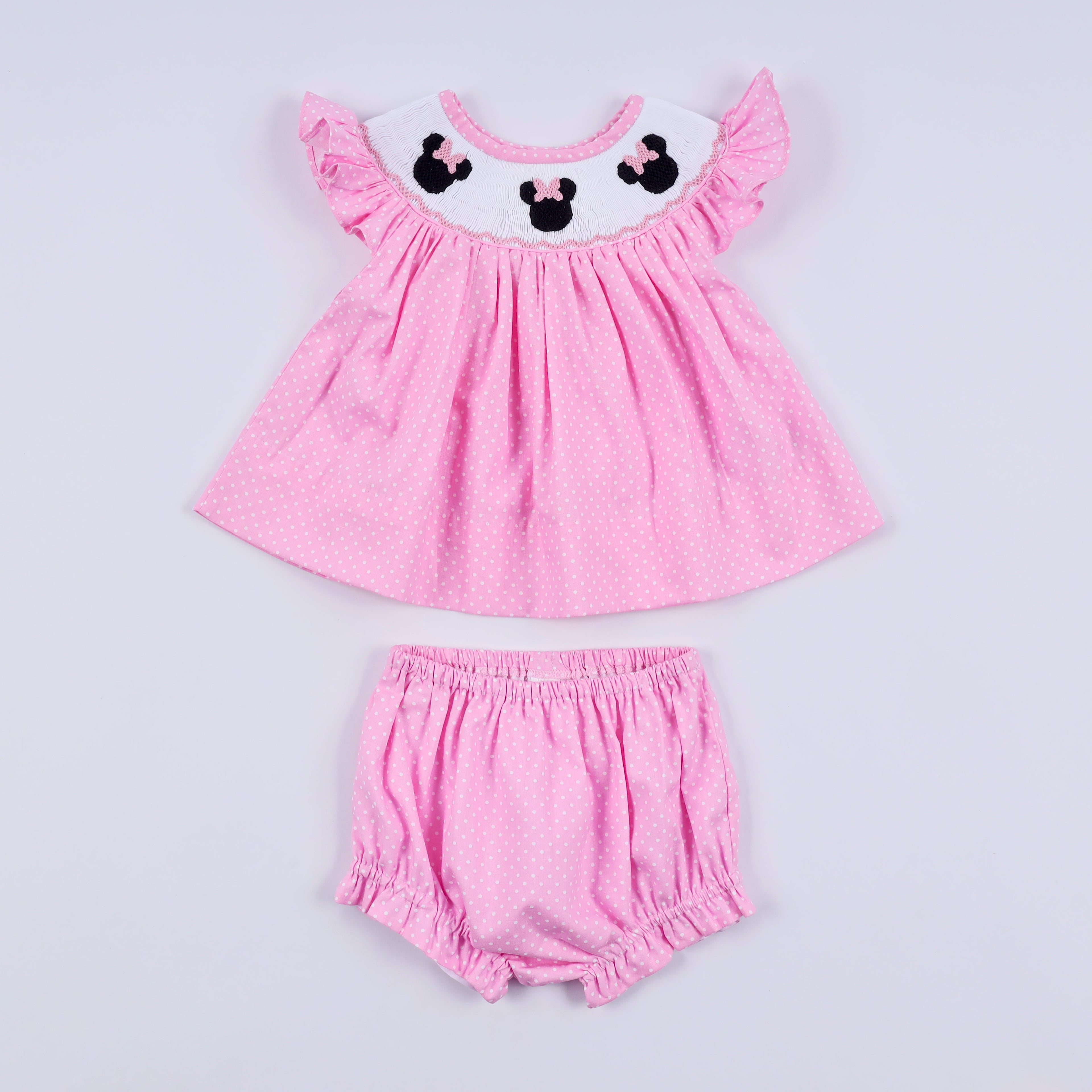 Pink character hand smocked dot ruffle bloomer set