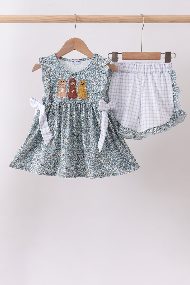 Floral puppy embroidery ruffle shorts set