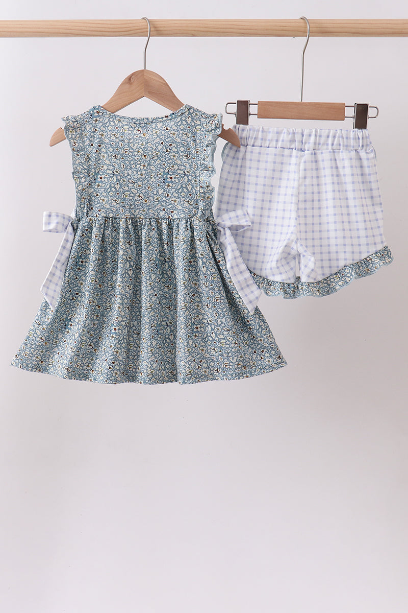 Floral puppy embroidery ruffle shorts set