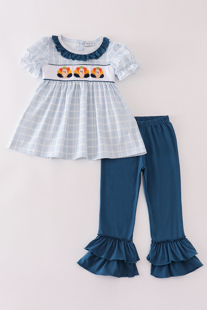 Teal thanksgiving turkey french knot plaid girl set