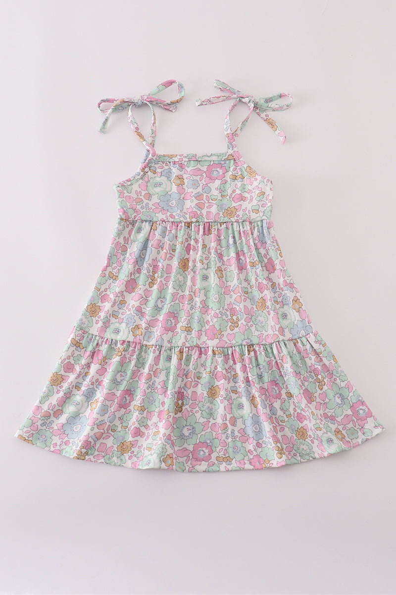 Mint Pink Floral Print Mom&me Tiered Dress