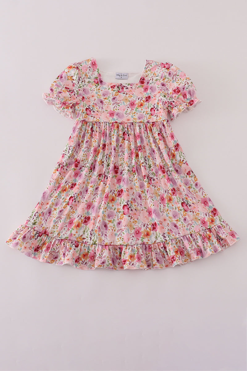 Purple Floral Print Ruffle Mom&me Dress