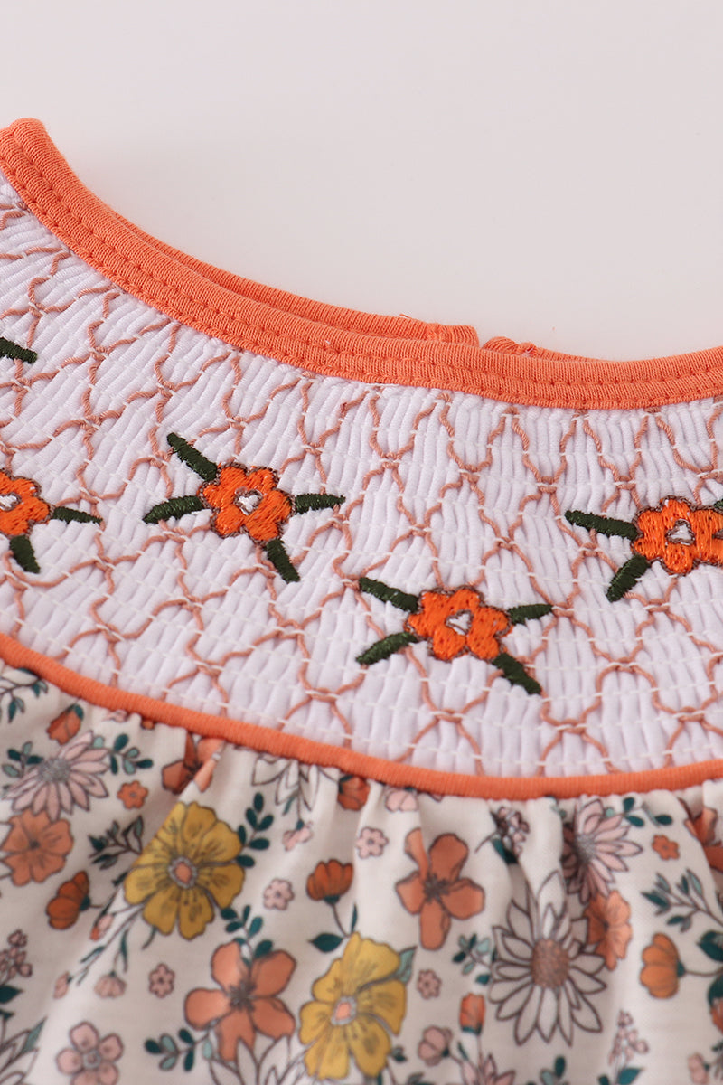 Floral embroidery smocked ruffle pants set