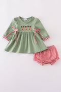Green christmas reindeer embroidery girl bloomers set