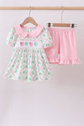 Pink clover bow embroidery shorts set