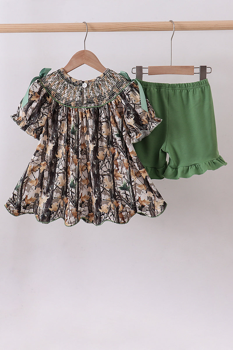 Camouflage smocked bow ruffle shorts set