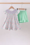 Green floral smocked ruffle shorts set
