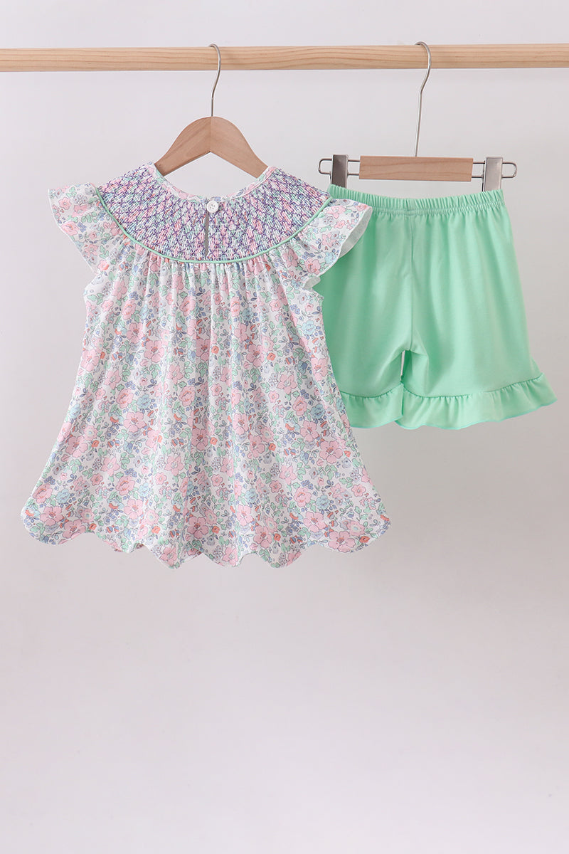 Green floral smocked ruffle shorts set