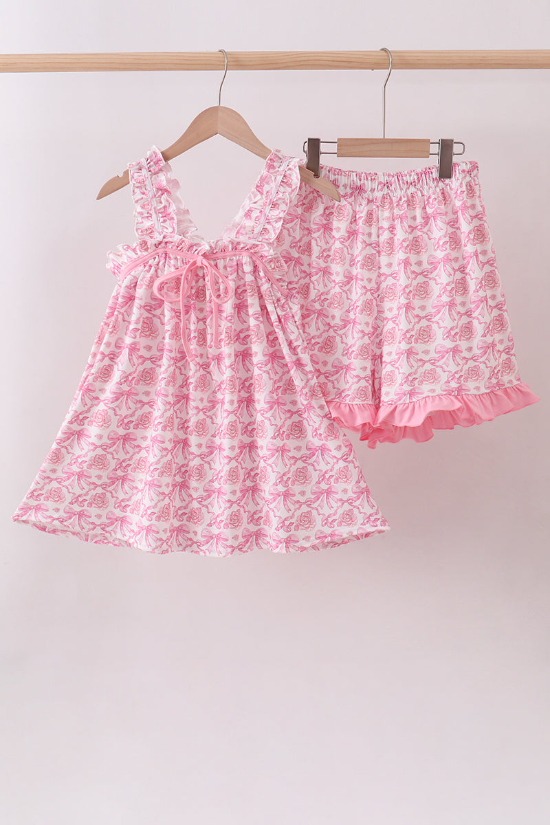 Pink floral print bow ruffle shorts set