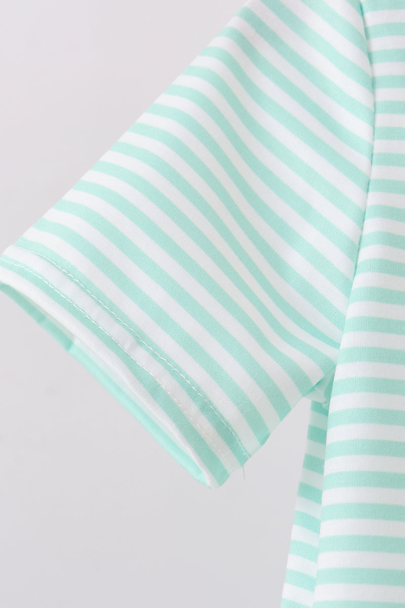 Green stripe puppy french knot shorts set