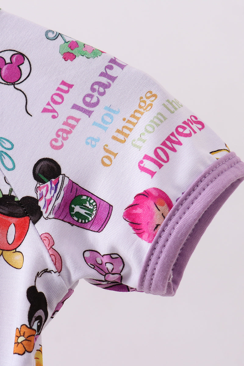 Purple character castle bamboo romper