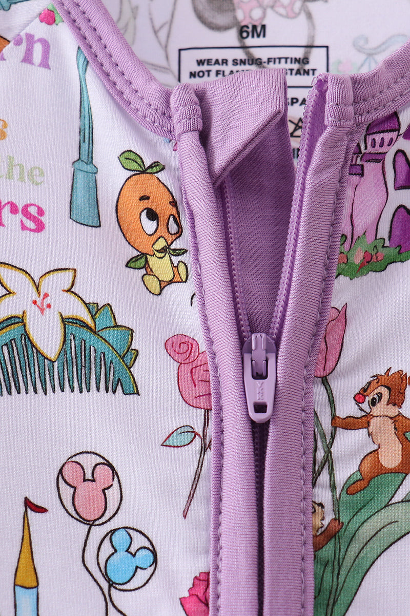 Purple character castle bamboo romper