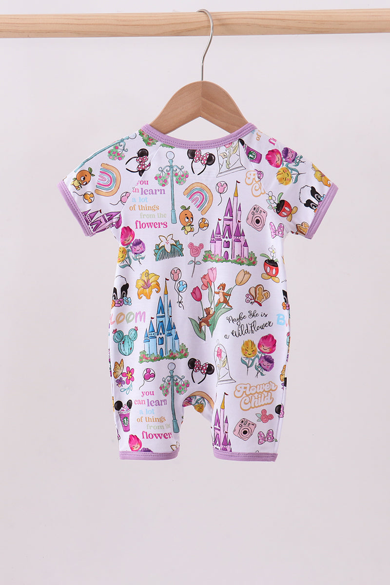 Purple character castle bamboo romper