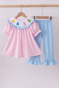 Pink princess smocked gingham ruffle pants set