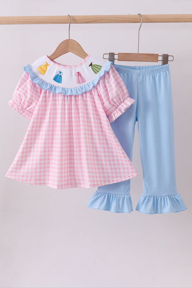 Pink princess smocked gingham ruffle pants set