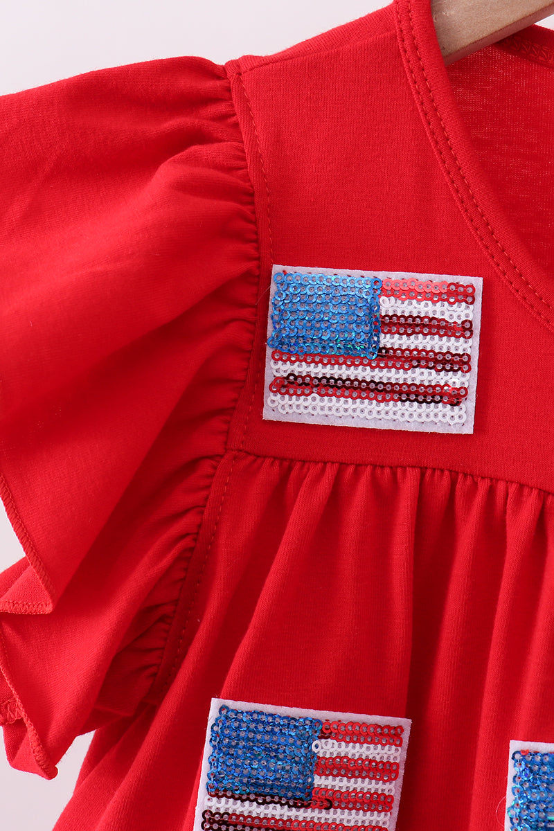 Red flag sequin tiered ruffle dress