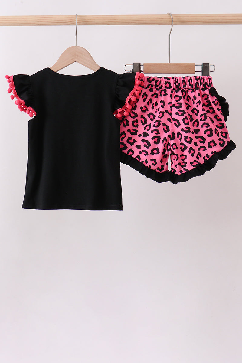 Black let's go girl boots leopard ruffle shorts set